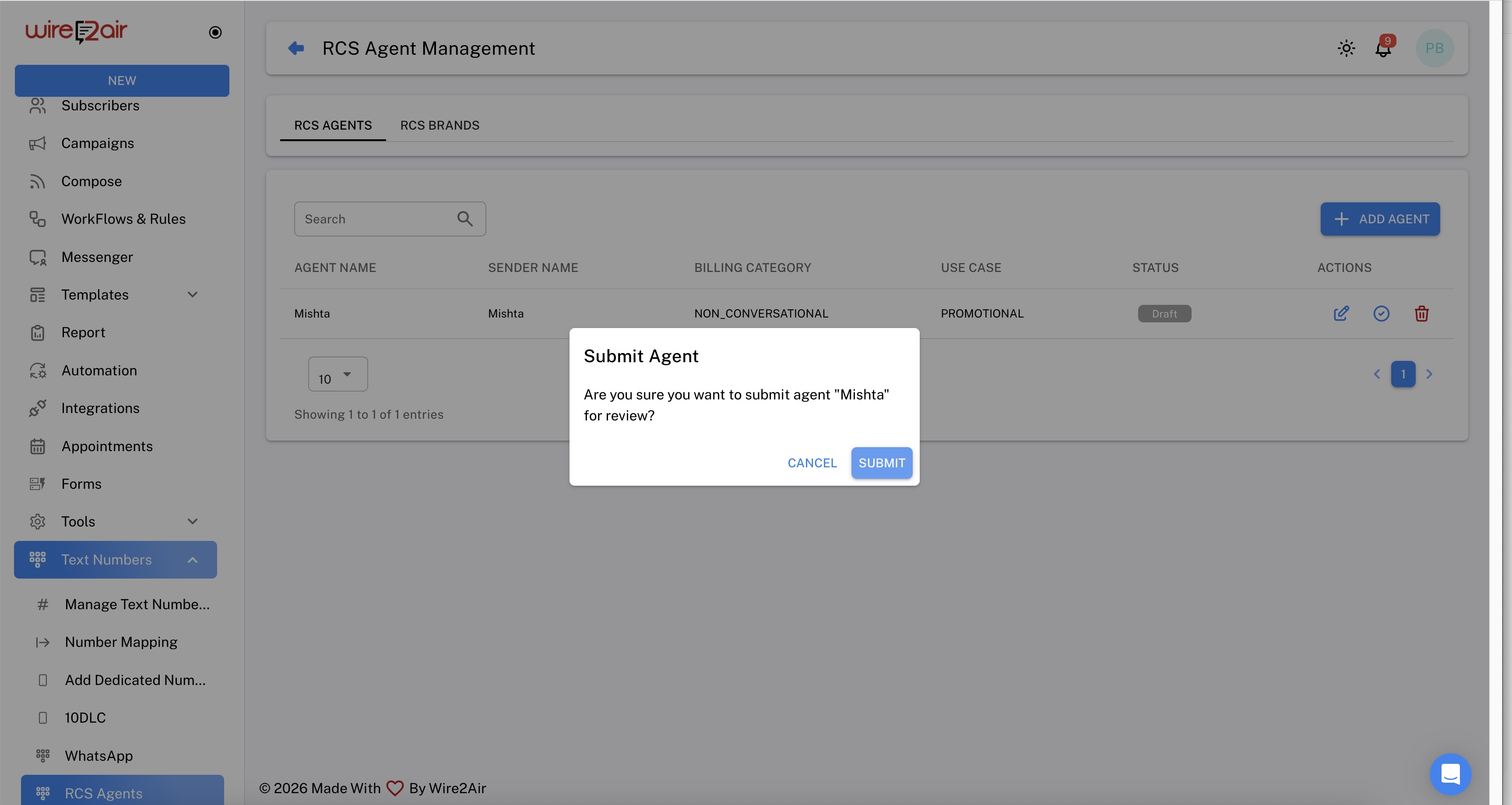 Submit Agent confirmation