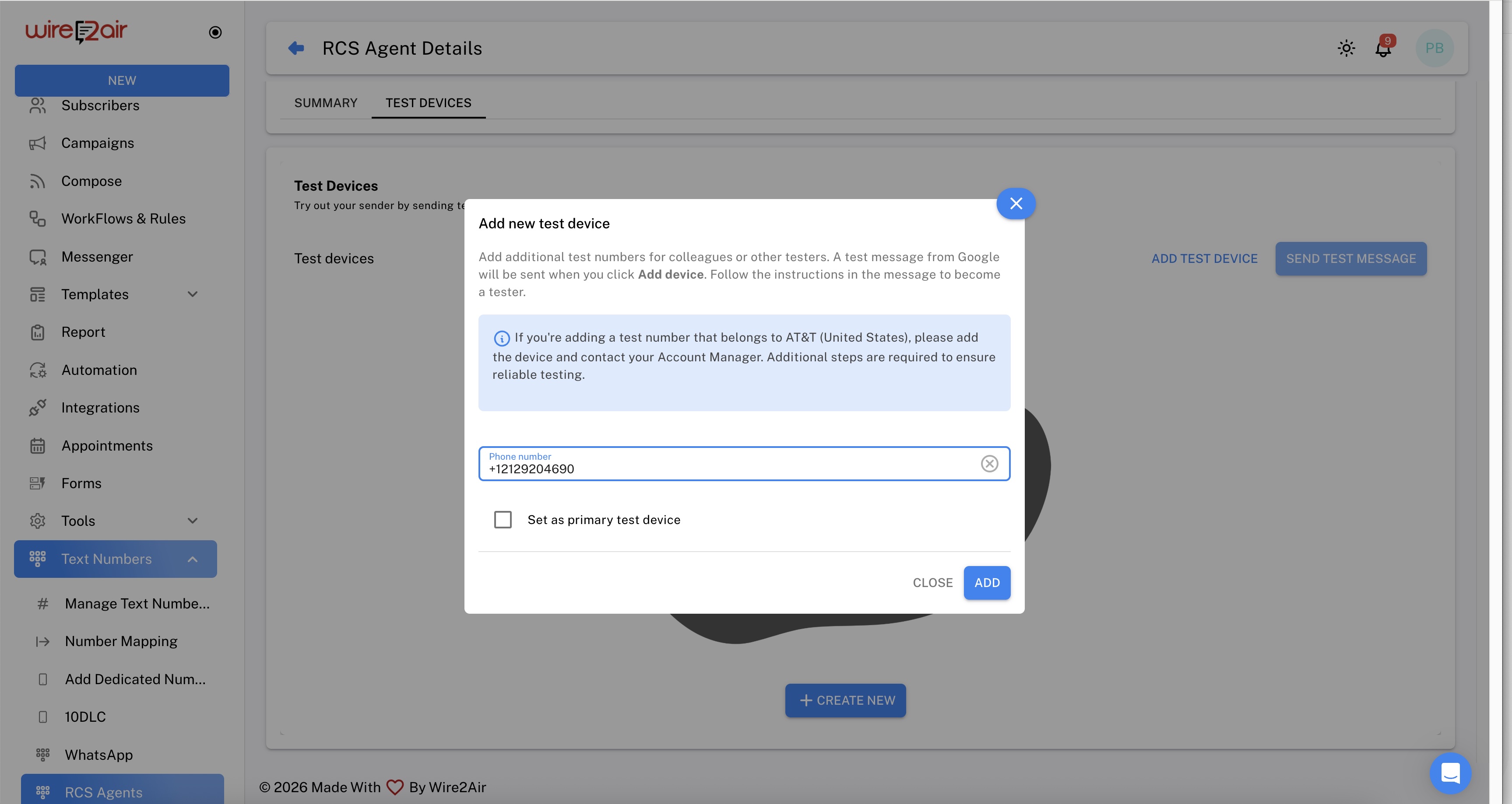 Add Test Device modal